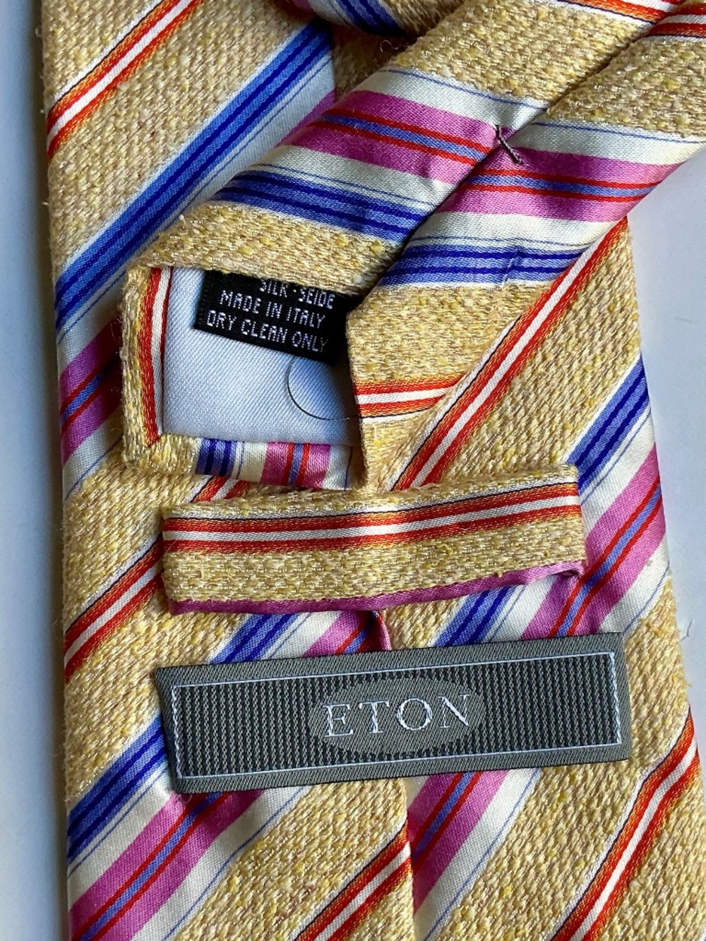 ETON yellow with pink & blue  colours striped silk tie .Made in Italy 🇮🇹